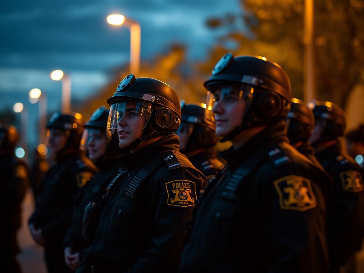 Agentes de policía formados al atardecer