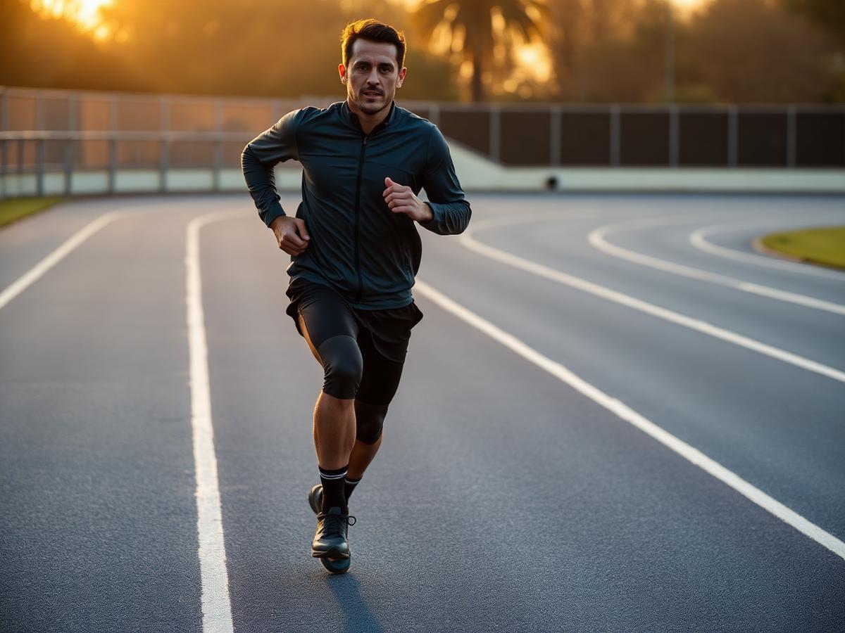 Opositor entrenando en pista de atletismo al amanecer
